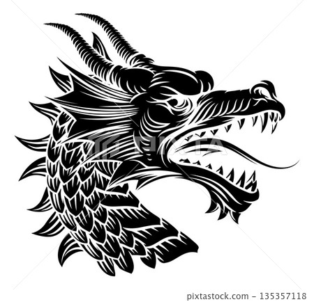 Dragon Head Woodcut Etching Heraldic Vintage Style Dragon Head Woodcut Etching Heraldic Vintage Style 135357118