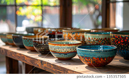 Handmade ceramic bowls elegantly displayed with unique glazing patterns, showcasing artisan functiona 135357305