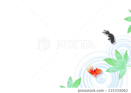 A minimalist Japanese-style illustration of goldfish, leaves, and ripples on the water surface seen from above 135358062