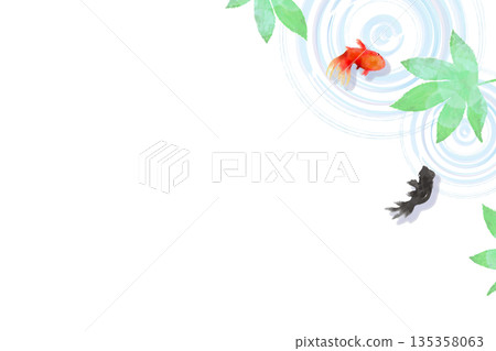 A minimalist Japanese-style illustration of goldfish, leaves, and ripples on the water surface seen from above 135358063