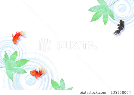 A minimalist Japanese-style illustration of goldfish, leaves, and ripples on the water surface seen from above 135358064