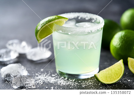 classic margarita cocktail garnished with lime and salt rim on a black table, selective focus. classic margarita cocktail garnished with lime and salt rim on a black table, selective focus. 135358072