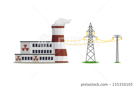 Clean nuclear power plant generating sustainable electricity for the future, illustration depicting environmentally friendly energy production infrastructure and power grid, voltage power lines 135358105