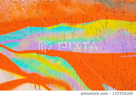 Orange Textured Wall with Pastel Rainbow Gradient Abstract Graffiti for Y2K, 2000s Street Art Style 135358160