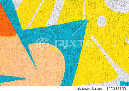 Abstract Geometric Mural in Blue, Yellow, Orange for Retro 80s, Pop Art Style Abstract Geometric Mural in Blue, Yellow, Orange for Retro 80s, Pop Art Style 135358163