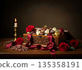Still life of a Valentine's chocolate box with roses and a peace ribbon 135358191