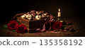Still life of a Valentine's chocolate box with roses and a peace ribbon 135358192