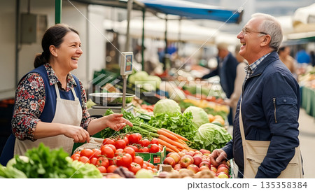 Warm Moments of Genuine Connection: A Vendor and Customer Laughing and Chatting Affectionately at a Busy Market Warm Moments of Genuine Connection: A Vendor and Customer Laughing and Chatting Affectionately at a Busy Market 135358384