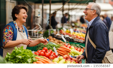 Warm Moments of Genuine Connection: A Vendor and Customer Laughing and Chatting Affectionately at a Busy Market Warm Moments of Genuine Connection: A Vendor and Customer Laughing and Chatting Affectionately at a Busy Market 135358387