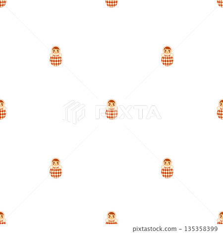 Seamless vector pattern with cute roly poly doll inspired by Russian folk toy and vintage circus aesthetics. Minimal flat illustration on white background, playful retro character, perfect for kids 135358399