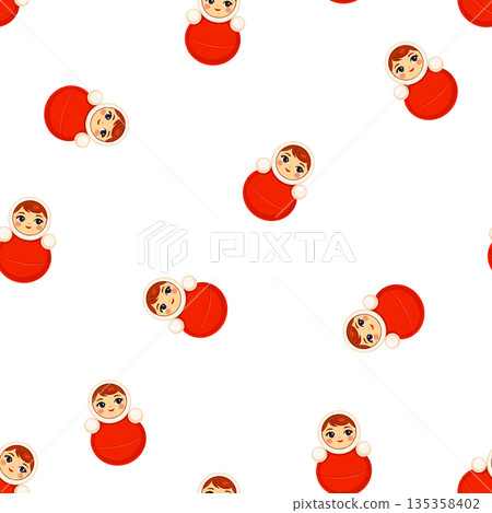 Seamless vector pattern with cute roly poly doll inspired by Russian folk toy and vintage circus aesthetics. Minimal flat illustration on white background, playful retro character, perfect for kids Seamless vector pattern with cute roly poly doll inspired by Russian folk toy and vintage circus aesthetics. Minimal flat illustration on white background, playful retro character, perfect for kids 135358402