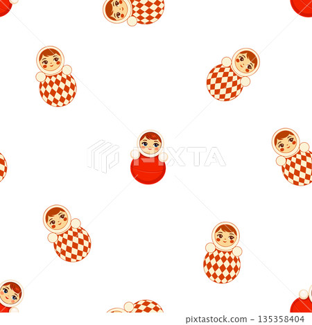 Seamless vector pattern with cute matryoshka roly poly dolls in vintage circus style. Russian folk toy illustration with harlequin costume, playful retro design for kids fabric, wrapping paper 135358404