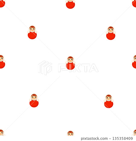 Seamless vector pattern with cute roly poly doll inspired by Russian folk toy and vintage circus aesthetics. Minimal flat illustration on white background, playful retro character, perfect for kids 135358409