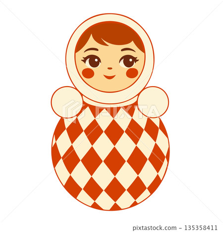 Cute roly-poly doll inspired by Russian folk toy in vintage circus style. Flat vector illustration with harlequin pattern, warm red palette and friendly character. Perfect for children designs Cute roly-poly doll inspired by Russian folk toy in vintage circus style. Flat vector illustration with harlequin pattern, warm red palette and friendly character. Perfect for children designs 135358411