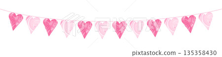 Pink heart pennant garland with soft watercolor texture hanging on rope romantic festive decoration for baby birthday girl celebration invitation background isolated illustration Pink heart pennant garland with soft watercolor texture hanging on rope romantic festive decoration for baby birthday girl celebration invitation background isolated illustration 135358430