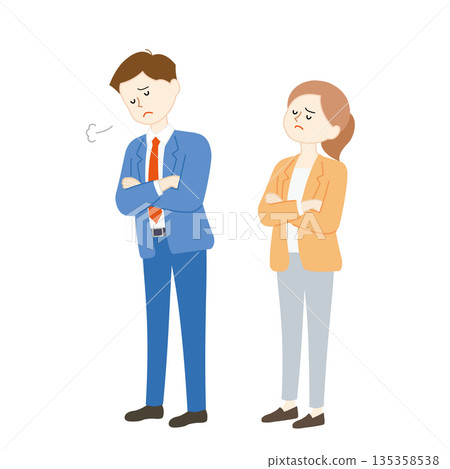 Business scene illustration of a worried man and woman with their arms crossed Business scene illustration of a worried man and woman with their arms crossed 135358538