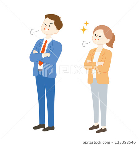 商業場景插圖,描繪了一位驕傲自大的男士和一位傲慢的女士。 商業場景插圖,描繪了一位驕傲自大的男士和一位傲慢的女士。 135358540