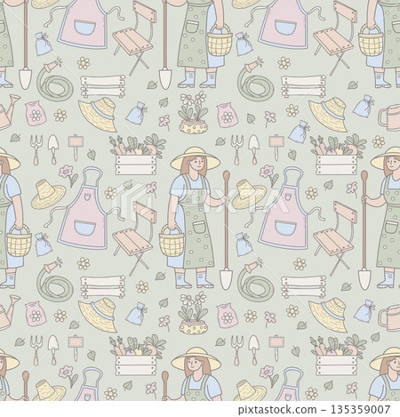 Seamless Pattern with Women Farmer and Harvest on Green Background. Repeating Template Pastel Hand Drawn Female Character with Gardening Tools, Vegetables and Countryside Decor. Vector Illustration 135359007