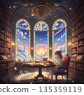 A girl reading in a fantasy library 135359119