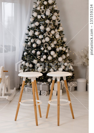 Minimalist Wooden Stools in Christmas Interior Minimalist Wooden Stools in Christmas Interior 135359134