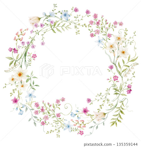 Watercolor floral wreath clipart with gentle wildflowers and green foliage. Soft botanical frame in natural meadow style, ideal for wedding stationery, baby and girls designs, fashion, textile and Watercolor floral wreath clipart with gentle wildflowers and green foliage. Soft botanical frame in natural meadow style, ideal for wedding stationery, baby and girls designs, fashion, textile and 135359144