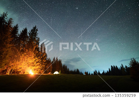 Campfire glows warmly beside several illuminated tents on grassy clearing under star-filled sky with scattered clouds. Tall pine trees frame scene, highlighting serene beauty of night in nature. Campfire glows warmly beside several illuminated tents on grassy clearing under star-filled sky with scattered clouds. Tall pine trees frame scene, highlighting serene beauty of night in nature. 135359259