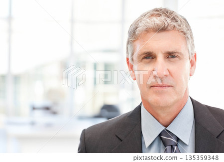 Middle-aged male standing in modern office wearing suit and tie near desks and monitors, copy space 135359348