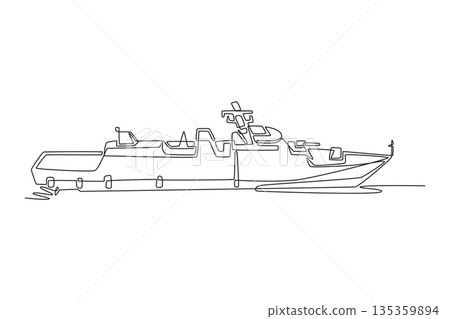 Single one line drawing modern naval destroyer or frigate. Sharp bow, radar masts, powerful hull for maritime defense and ocean patrol missions. Continuous line draw design graphic vector illustration Single one line drawing modern naval destroyer or frigate. Sharp bow, radar masts, powerful hull for maritime defense and ocean patrol missions. Continuous line draw design graphic vector illustration 135359894