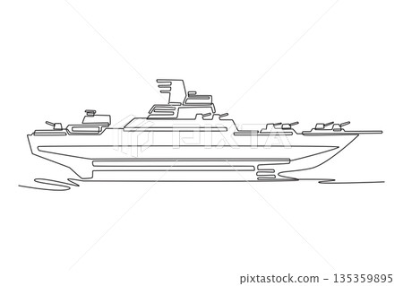 Continuous one line drawing modern guided missile destroyer. Sleek stealth, multiple gun turrets, and radar masts used for advanced naval warfare. Single line draw design vector graphic illustration 135359895