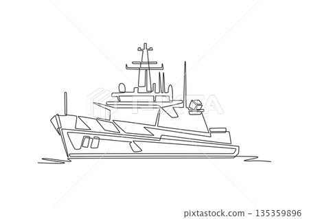 Continuous one line drawing fast coastal patrol boat. Elevated bridge and antenna for maritime security, surveillance, and naval defense monitoring. Single line draw design vector graphic illustration Continuous one line drawing fast coastal patrol boat. Elevated bridge and antenna for maritime security, surveillance, and naval defense monitoring. Single line draw design vector graphic illustration 135359896