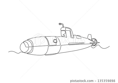 Continuous one line drawing tactical attack submarine. Rounded bow, conning tower, rear propeller as it move silently beneath surface of deep ocean. Single line draw design vector graphic illustration 135359898