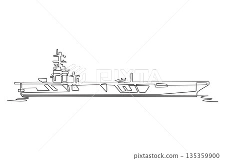 Continuous one line drawing massive naval aircraft carrier. Long flight deck, island superstructure, a small jet prepared for launch on open ocean. Single line draw design vector graphic illustration 135359900