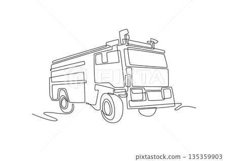 Continuous one line drawing specialized airport fire rescue vehicle. Water cannons, reinforced hull, massive tires for rapid airfield emergencies. Single line draw design vector graphic illustration 135359903