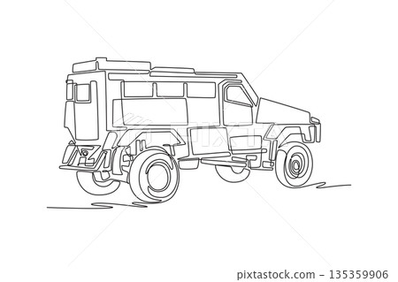 Single continuous line drawing armored police response vehicle. Reinforced chassis, tall tires, and boxy frame designed for high-risk tactical events. One line draw graphic design vector illustration 135359906