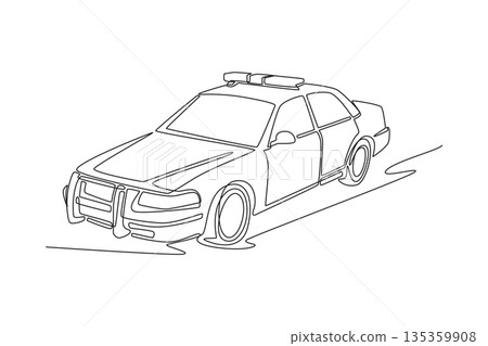 Single continuous line drawing traditional police interceptor car. Overhead emergency light bar, sturdy frame built for patrol and high-speed chases. One line draw graphic design vector illustration 135359908