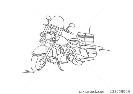 Single continuous line drawing police patrol motorcycle. Large windshield, siren components, storage boxes, and heavy frame for city law enforcement. One line draw graphic design vector illustration Single continuous line drawing police patrol motorcycle. Large windshield, siren components, storage boxes, and heavy frame for city law enforcement. One line draw graphic design vector illustration 135359909