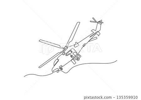Single continuous line drawing attack helicopter from underside angle. Powerful rotor systems, weapon pylons, cockpit during tactical flight operation. One line draw graphic design vector illustration 135359910