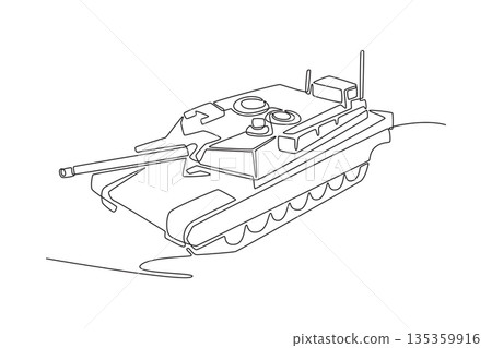 Single one line drawing sophisticated main battle tank from elevated angle, complex turret roof, hatches, heavy armor versatile combat vehicle. Continuous line draw design graphic vector illustration Single one line drawing sophisticated main battle tank from elevated angle, complex turret roof, hatches, heavy armor versatile combat vehicle. Continuous line draw design graphic vector illustration 135359916