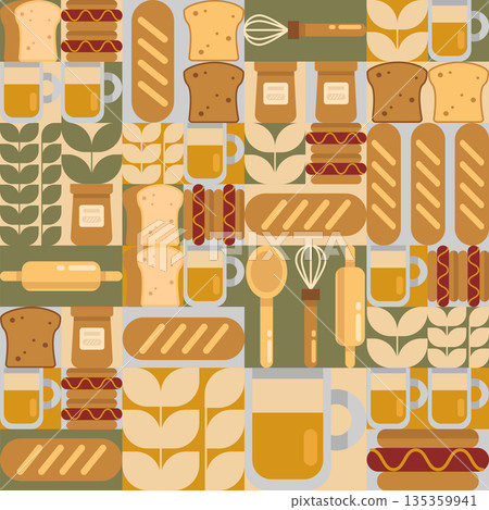 Bakery food pattern on geometric mosaic tiles Bakery food pattern on geometric mosaic tiles 135359941