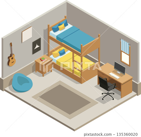 Teenage boy bedroom interior with bunk bed 135360020