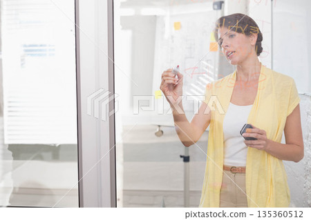 Adult woman writing formulas on transparent glass panel in training room holding marker, copy space Adult woman writing formulas on transparent glass panel in training room holding marker, copy space 135360512