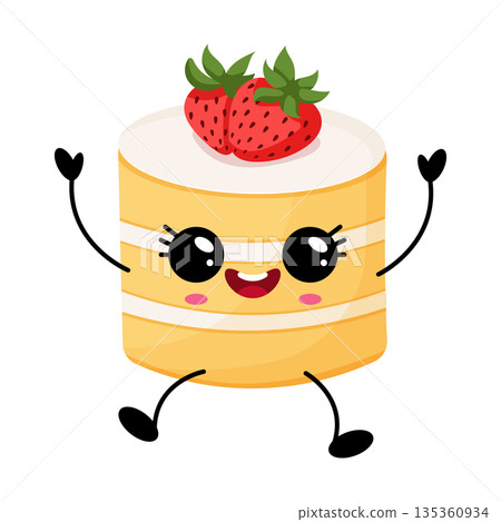 Cute Kawaii Strawberry Cake Character Smiling Cute Kawaii Strawberry Cake Character Smiling 135360934