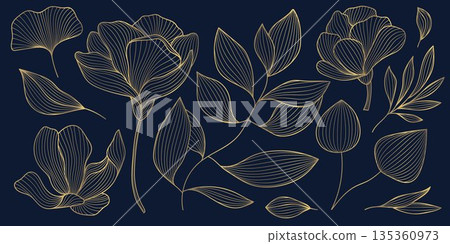 Vector set of line flowers and leaves. Golden Chinese rises, branches on dark background isolated. Elegant luxury spring illustration. 135360973