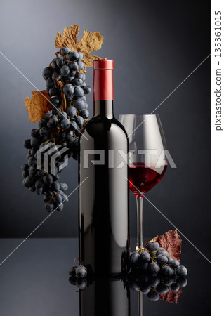 Red wine with blue grapes on a black reflective background. Red wine with blue grapes on a black reflective background. 135361015