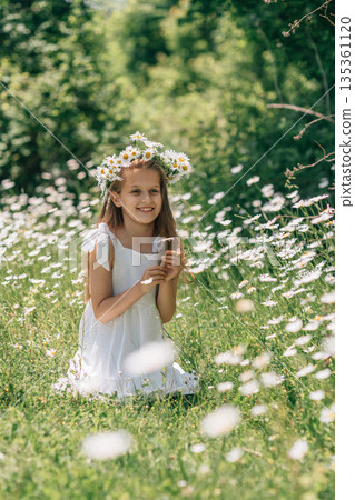 Daisy field girl: Smiling girl with wreath kneels in sunny daisy field to pick flowers. 135361120