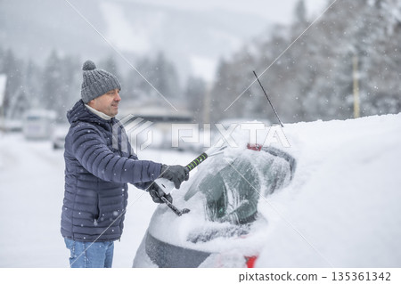 A man in a dark jacket and gray hat diligently removes a thick layer of fresh snow from the windshield of his car with a scraper and a broom. The entire scene takes place during a heavy snowfall in a A man in a dark jacket and gray hat diligently removes a thick layer of fresh snow from the windshield of his car with a scraper and a broom. The entire scene takes place during a heavy snowfall in a 135361342