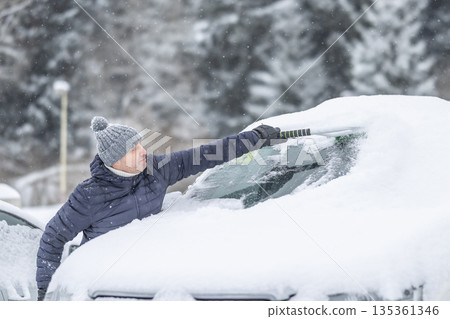 A man in a dark jacket and gray hat diligently removes a thick layer of fresh snow from the windshield of his car with a scraper and a broom. The entire scene takes place during a heavy snowfall in a A man in a dark jacket and gray hat diligently removes a thick layer of fresh snow from the windshield of his car with a scraper and a broom. The entire scene takes place during a heavy snowfall in a 135361346