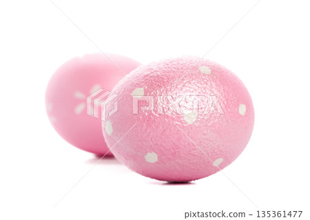 Pink Easter eggs on a white background for celebration and decoration purposes 135361477