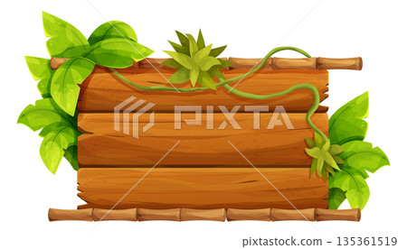 Bamboo frame with empty wood planks, jungle leaves and vine. Themed projects game ui border, menu. Old paper textured, bamboo border. 135361519