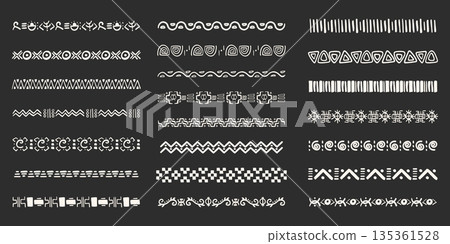 Set tribal ethnic border, divider doodle hand drawn crayon from geometrical shapes isolated dark background. Boho motif scandinavian srtoke, traditional native decor. Set tribal ethnic border, divider doodle hand drawn crayon from geometrical shapes isolated dark background. Boho motif scandinavian srtoke, traditional native decor. 135361528